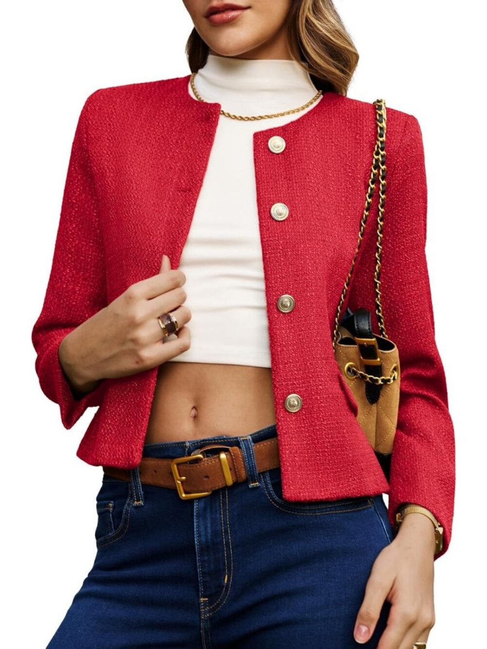 Chic Women's Cropped Tweed Blazer Jacket, Collarless Button-Down Coat, Stylish